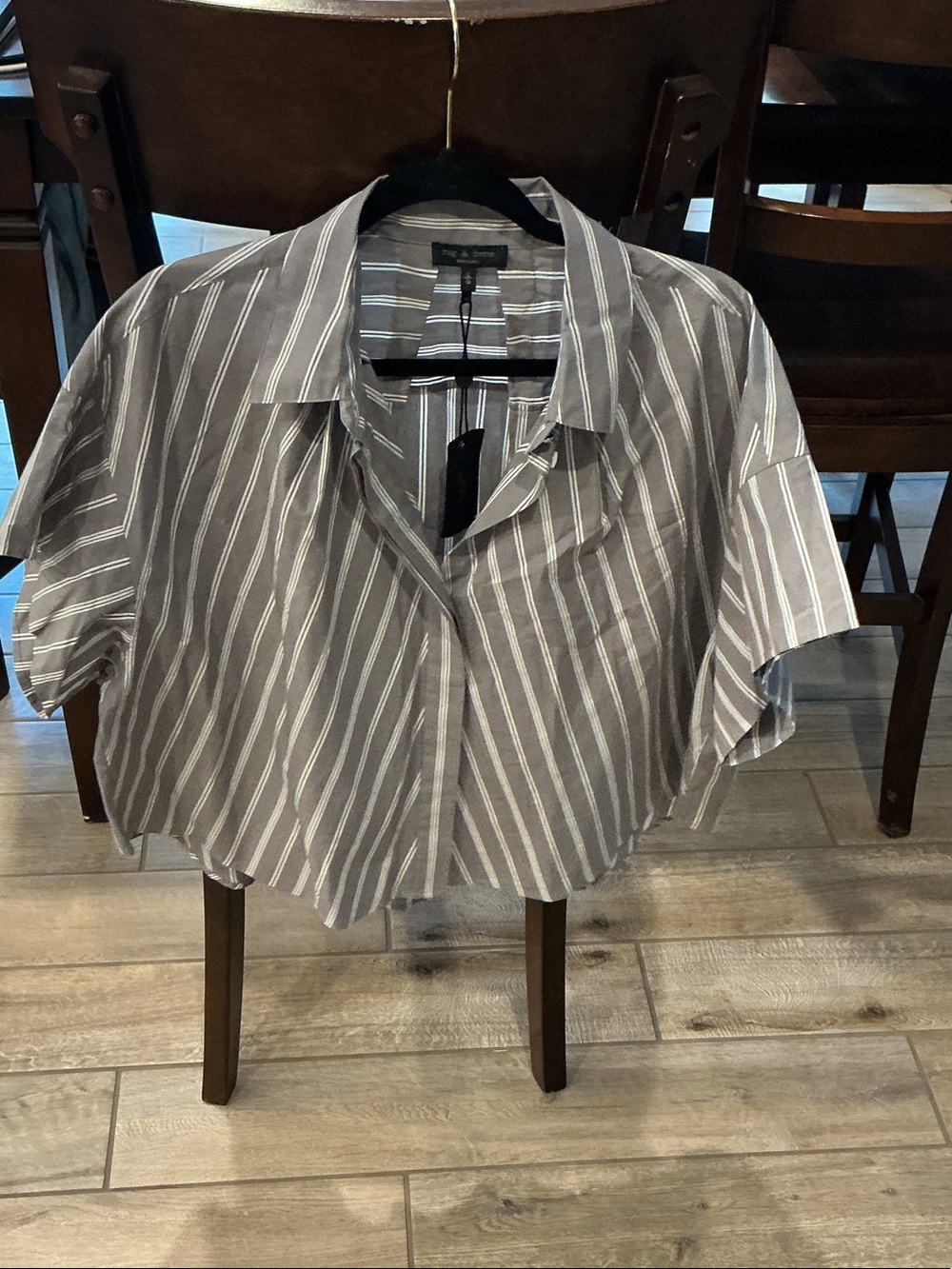 rag & bone Gray and White Striped Cropped Boxy Button-Down